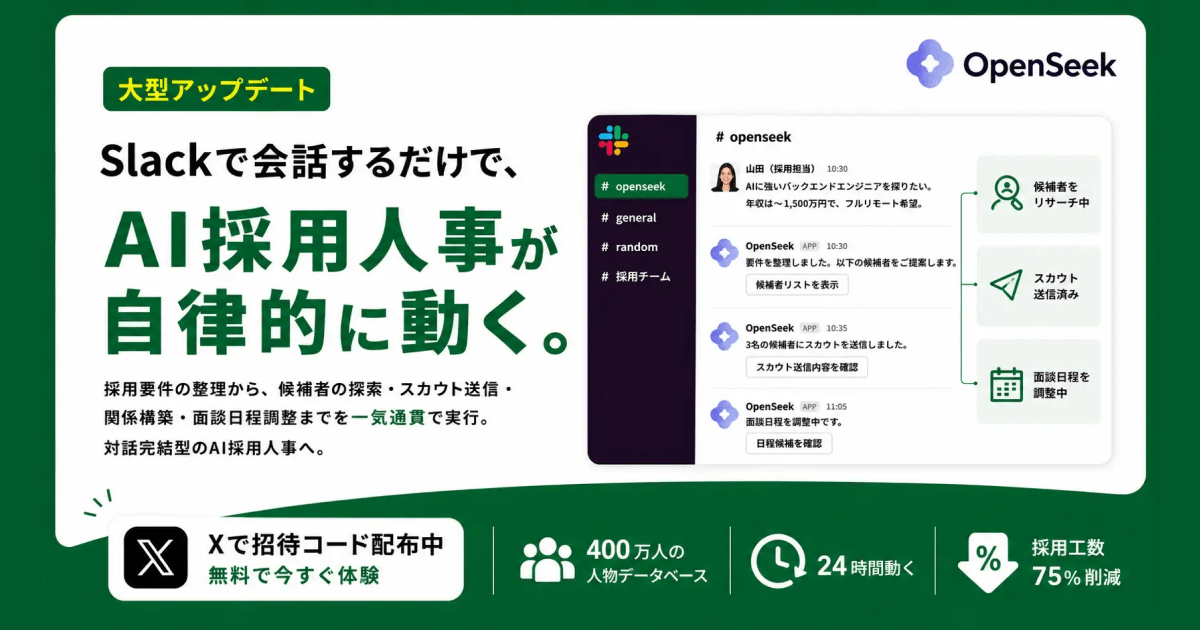 株式会社CAPER、AI採用人事「OpenSeek」を大型アップデート。Slack上の対話だけで採用業務が完結